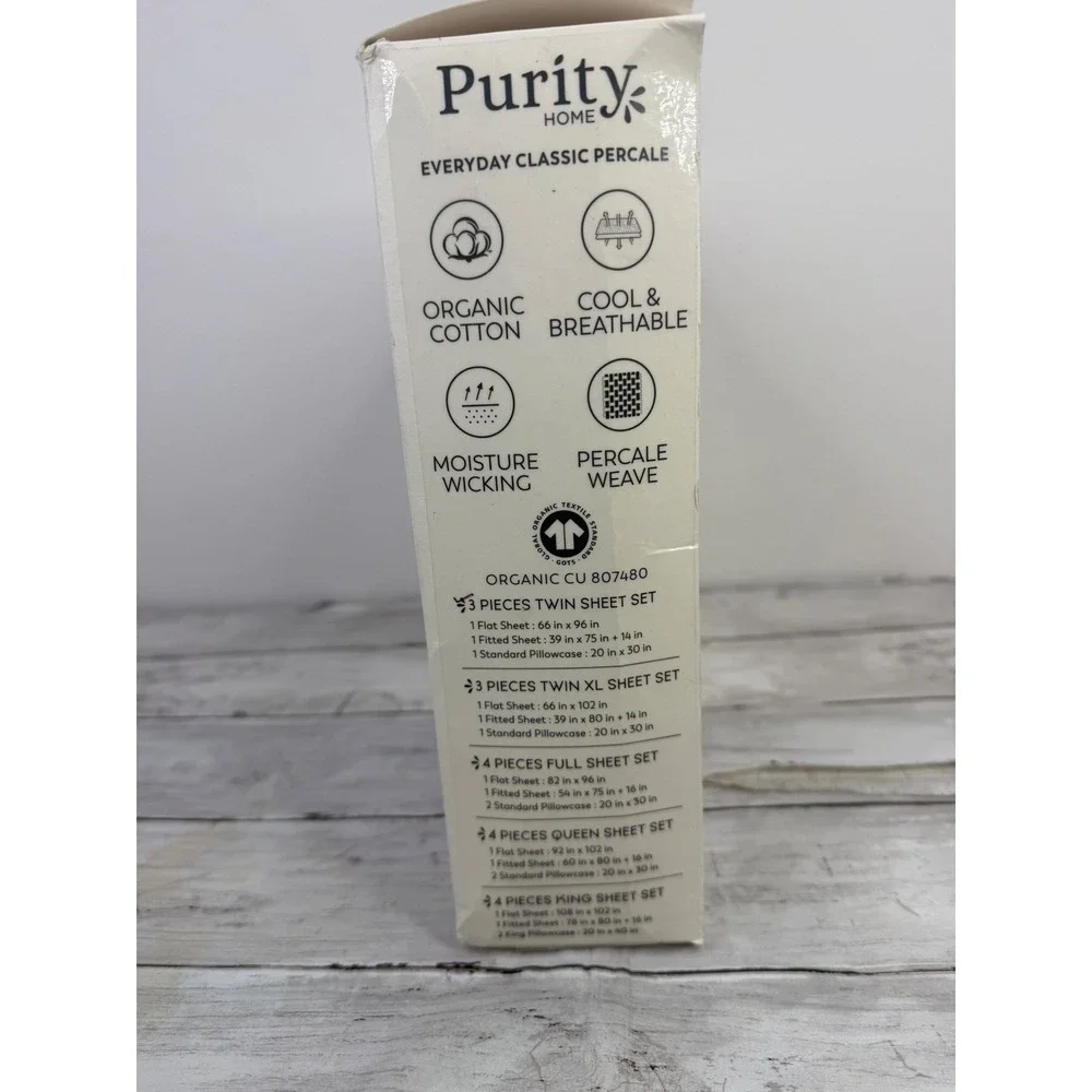 Purity Home Twin Sheet Set White Organic Cotton Percale 3 Piece GOTS OEKO-TEX